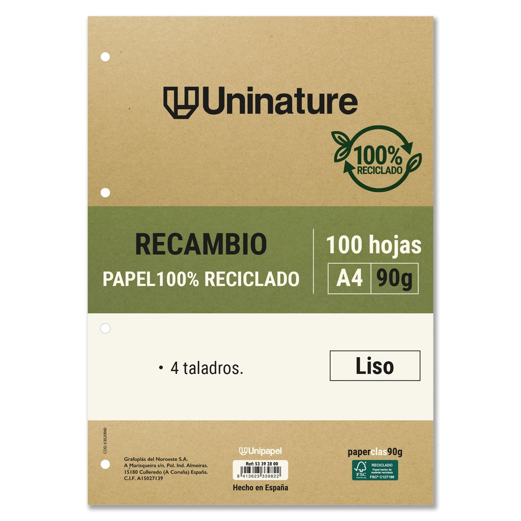 RECAMBIO RECI.A4 LISO 100H 90G UNINATURE