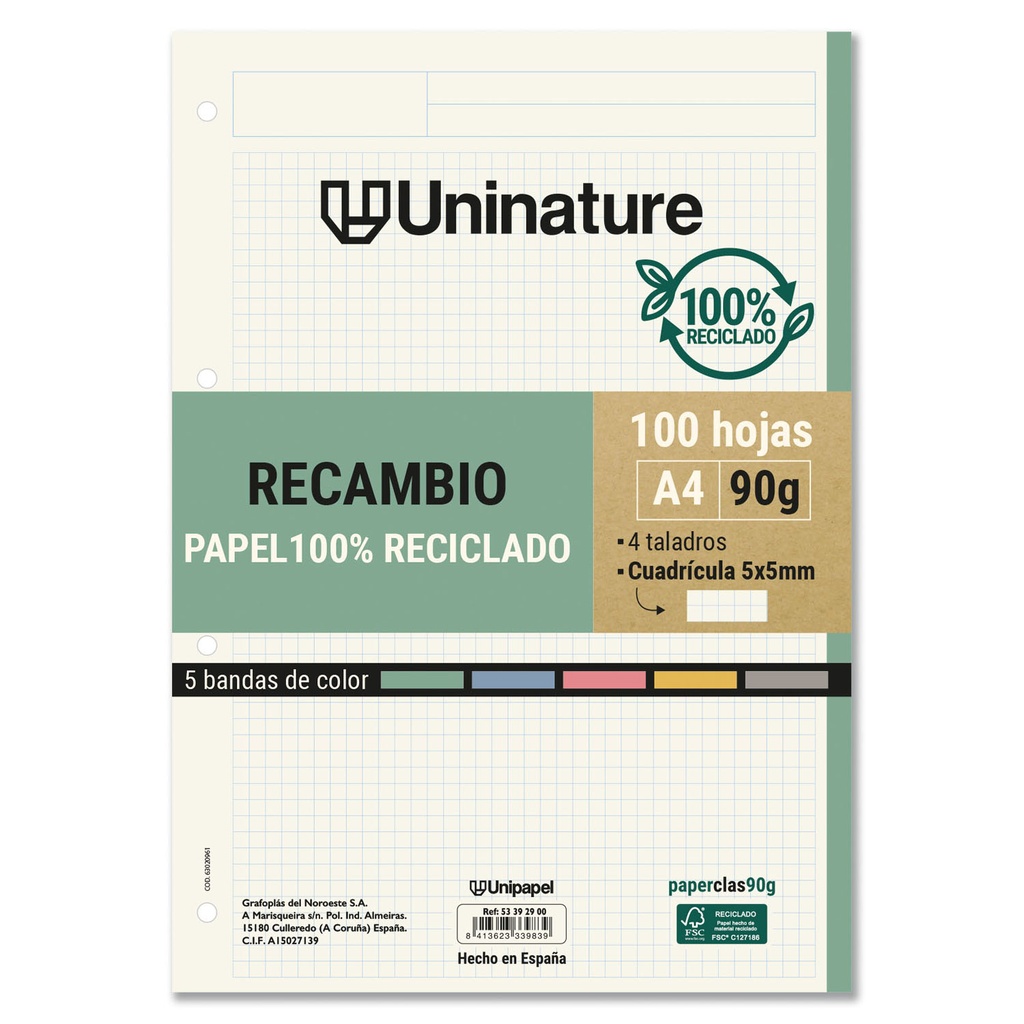 RECAMBIO RECI.A4 5X5 100H 90G 5BAN UNINA