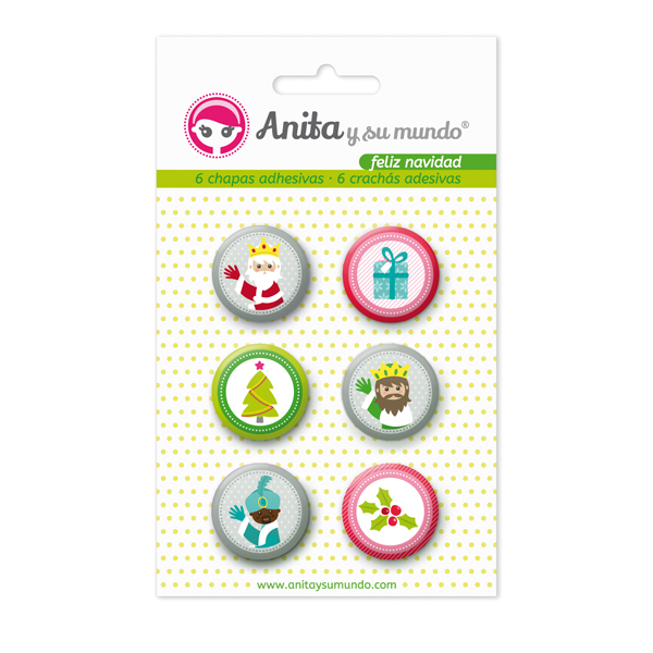 PACK6 CHAPAS ADHES. FELIZ NAVIDAD 25MM