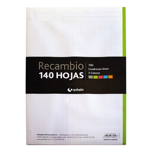 [GRA53396000] RECAMBIO 140H 5 COL. 70G PAUTADO