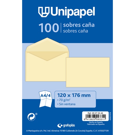 [GRA20272349] PQ.100 ENVELOPES VERJ.C.CANA 70G.120X176MM