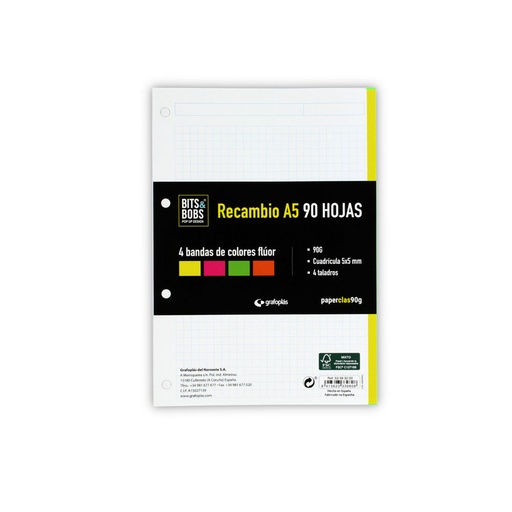[GRA53393200] RECAMBIO A5 90H 90G 5X5 4 BANDAS FLUOR