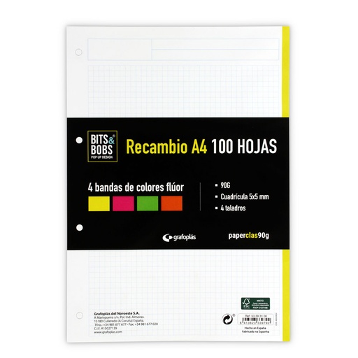[GRA53393100] RECAMBIO A4 100H 90G 5X5 4 BANDAS FLUOR