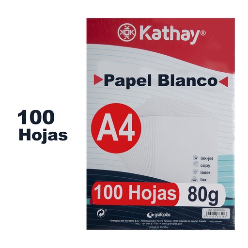 [KAT86600070] PAQ. 100 H PAPEL BCO80G A4 KATHAY